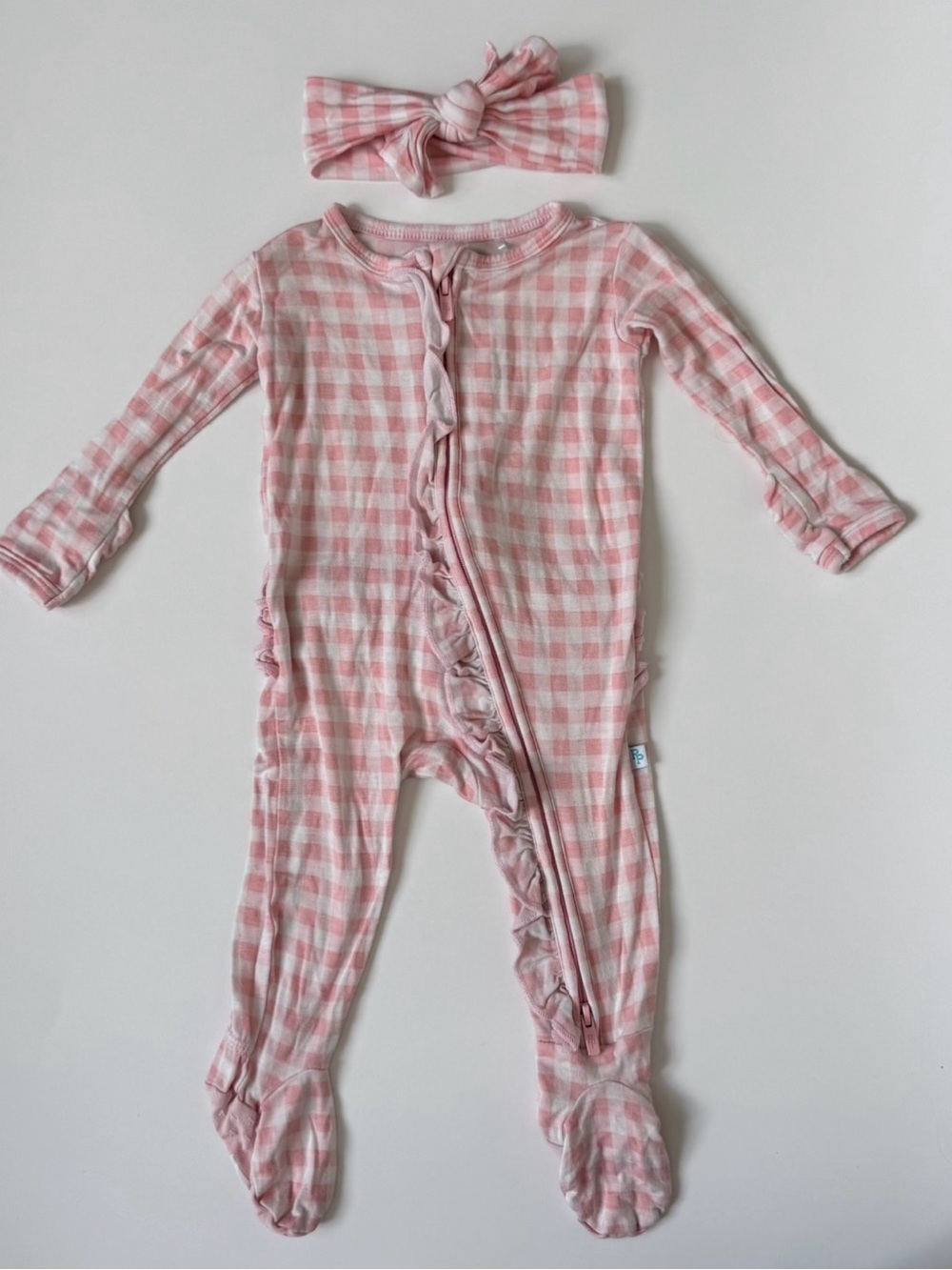 Posh Peanut - Pink Gingham Ruffle Footed One-Piece with Matching Headband